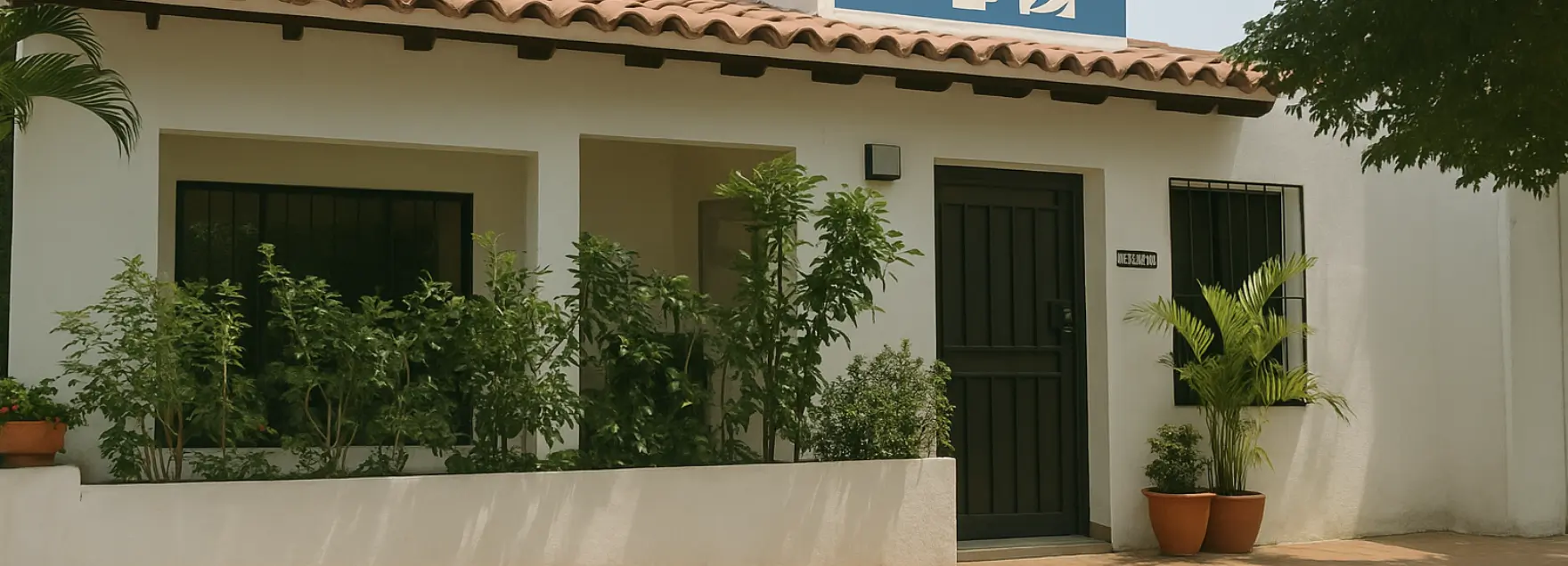 Fachada del Hogar Geriátrico Ángeles Cuidadores en Girardot, Colombia, rodeada de plantas.